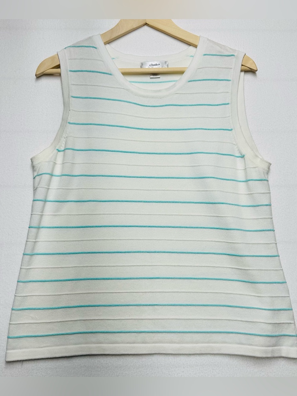 CJ Banks Women’s 1x White Sleeveless Top with Textured Teal Horizontal Stripes